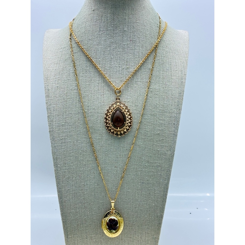 Vintage Sarah Coventry Faux Tiger Eye Pendant and Rose Floral Locket Necklace